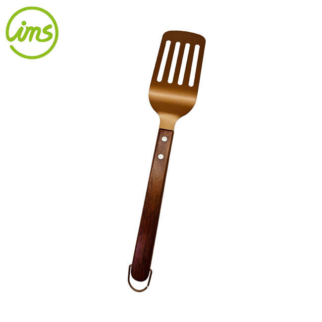 carbon steel bbq slotted turner with copper wooden handle | grill spatula